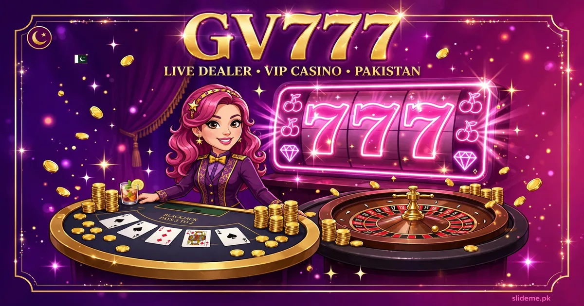 GV777 live dealer VIP casino banner with roulette table, blackjack cards and glowing neon 777 slot