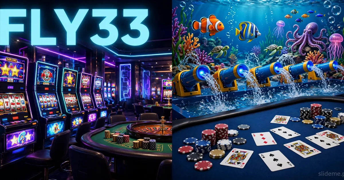 Fly33 casino lobby with neon slots machines and fishing arcade games collage