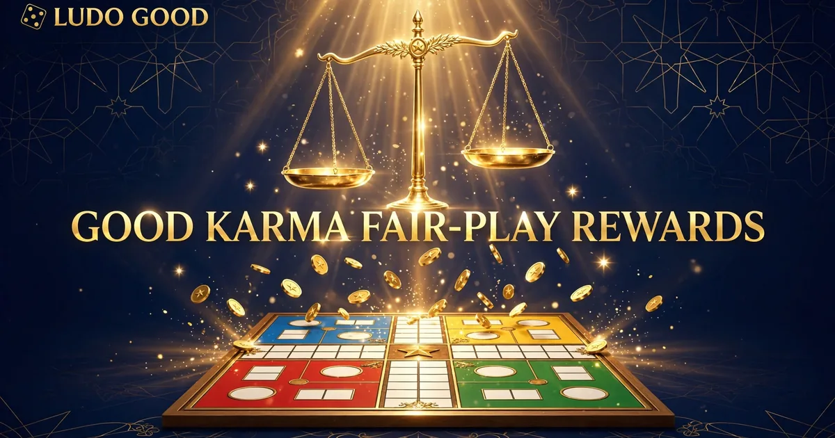 Ludo Good Good Karma fair-play rewards – golden balance scale over a Ludo board
