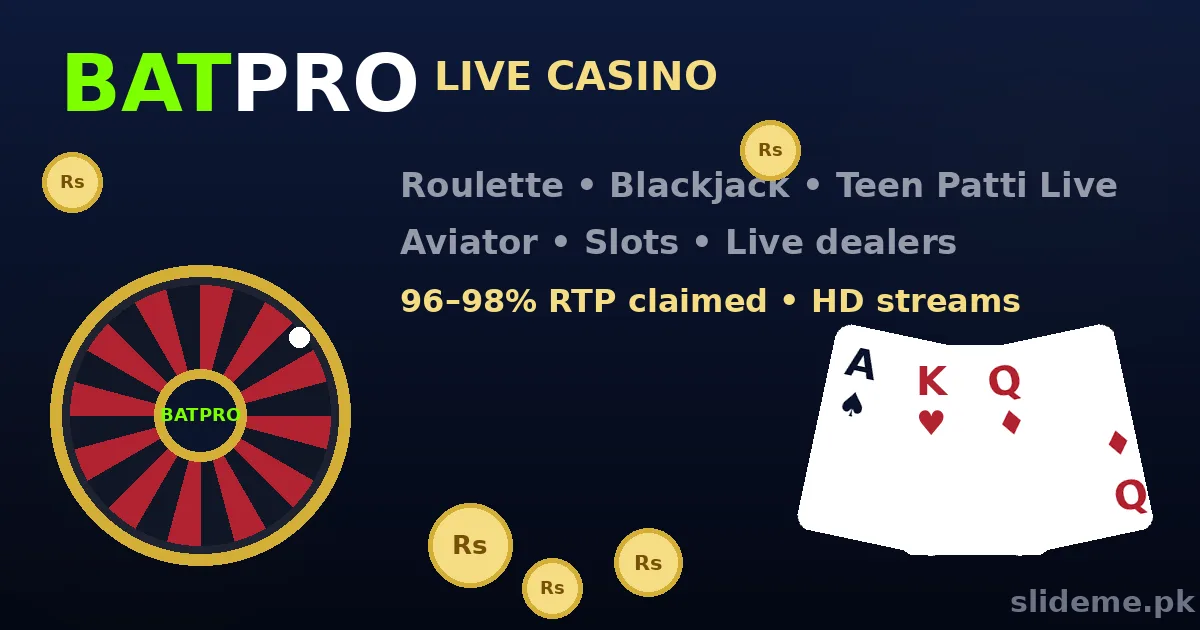 Batpro live casino banner with roulette wheel, playing cards and gold coins