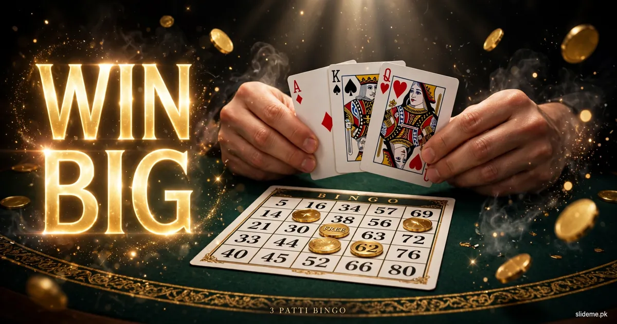 3 Patti Bingo hand of playing cards over a bingo card grid with gold chips