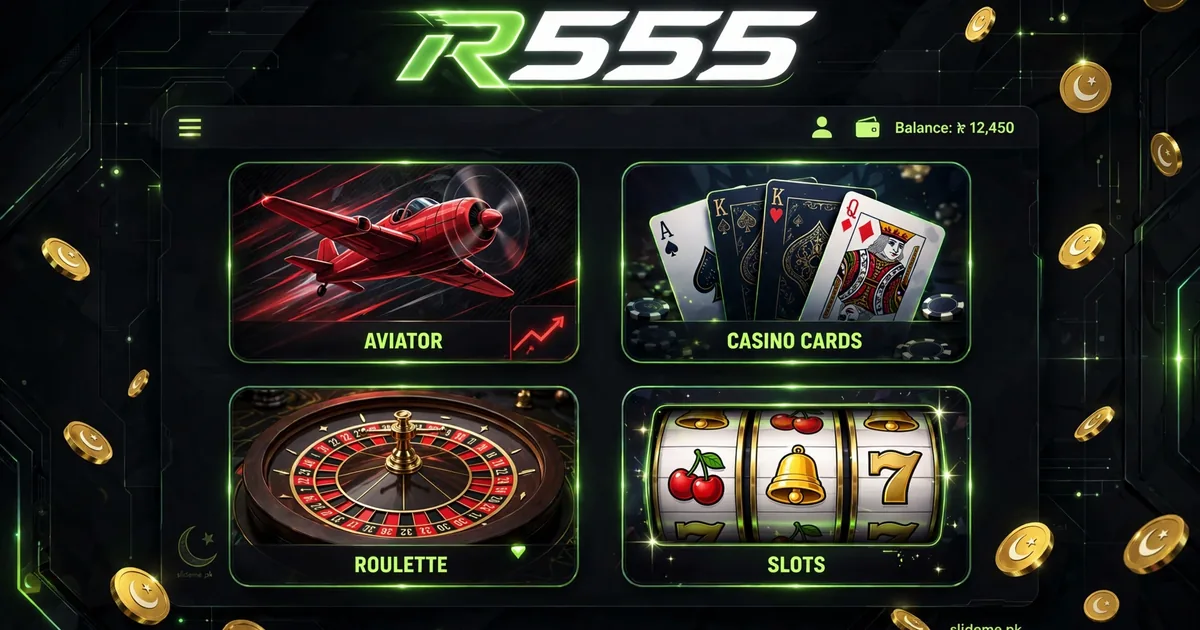 R555 game lobby with Aviator, cards, roulette and slots