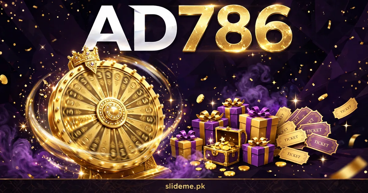 AD786 lucky draw lottery with a golden prize wheel, gift boxes and gold confetti