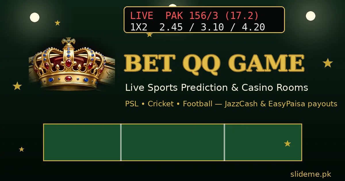 BetQQ Game live sports prediction banner with cricket scoreboard, PSL odds and gold crown