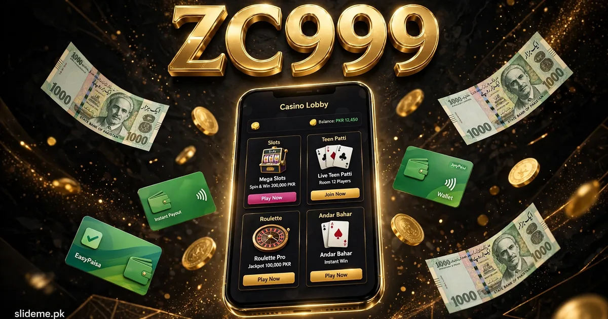 ZC999 Game mobile banner with a glowing phone, Pakistani rupee notes and wallet payments