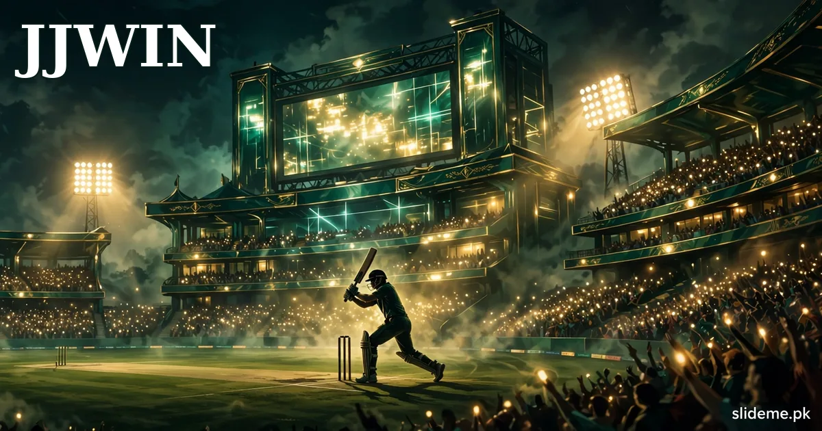 JJWIN sports banner showing a night cricket stadium with a batsman for PSL markets