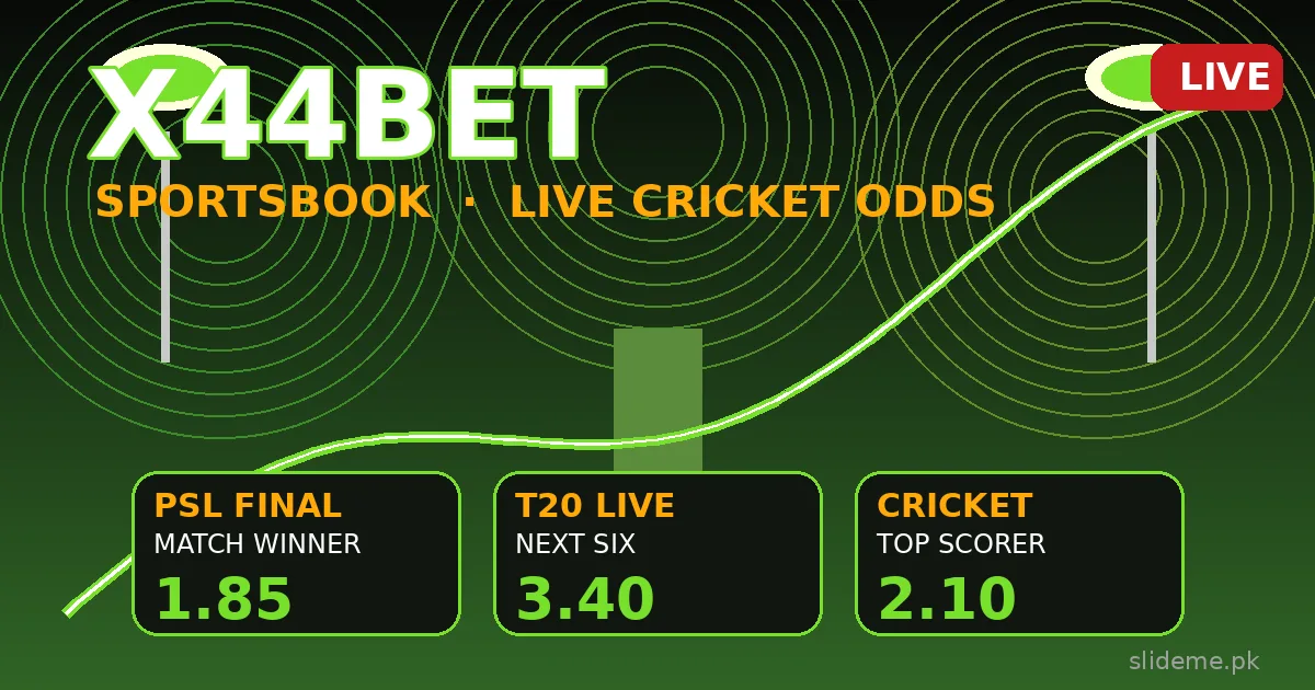 X44BET sportsbook banner — live cricket odds cards for PSL and T20 markets in lime green