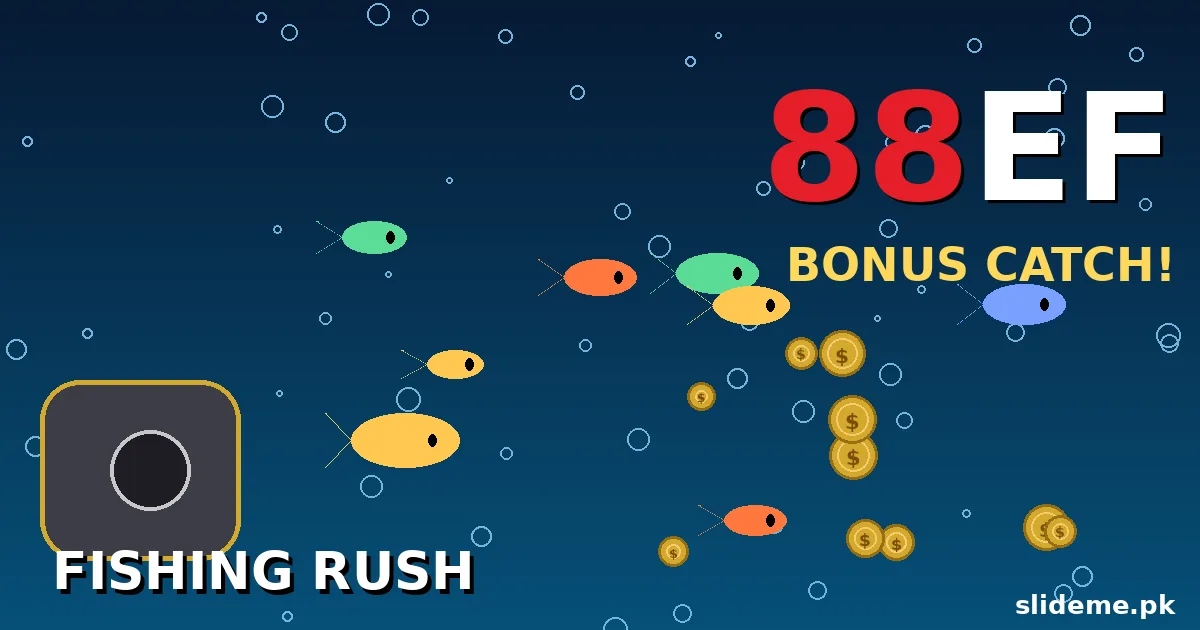 88EF Game Fishing Rush bonus banner with 88EF logo, fish, bubbles and gold coins underwater
