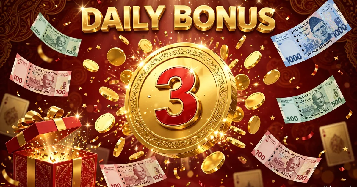 3 Patti Winner daily bonus scene with giant gold coin, Pakistani rupee notes, and gift box