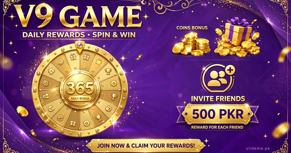 V9 Game spin 365 promo and 500 PKR invite reward banner