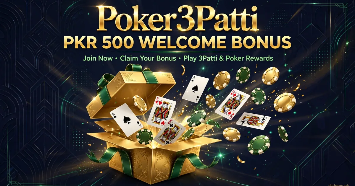 Poker3Patti PKR 500 welcome bonus with gold gift and cards banner