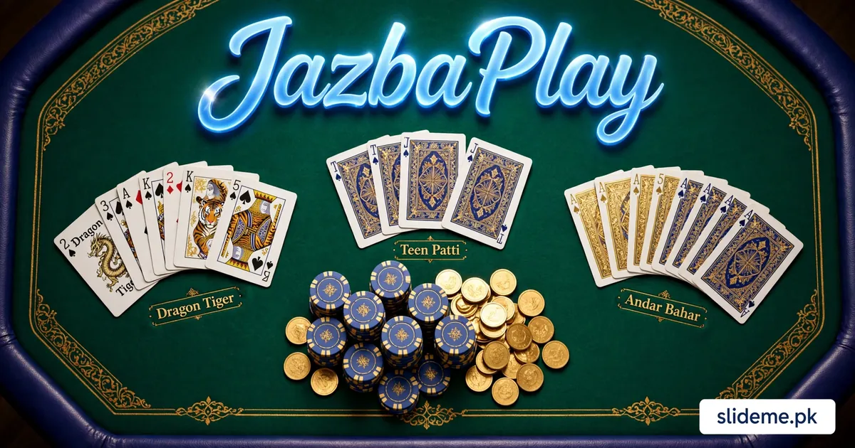 Jazba Play card games banner with Dragon Tiger, Teen Patti and Andar Bahar tables and casino chips
