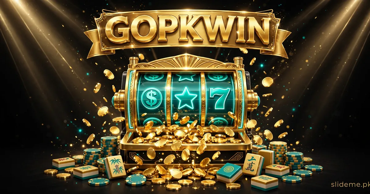 GOPK Win slots — golden slot machine with teal reels, mahjong tiles and coins
