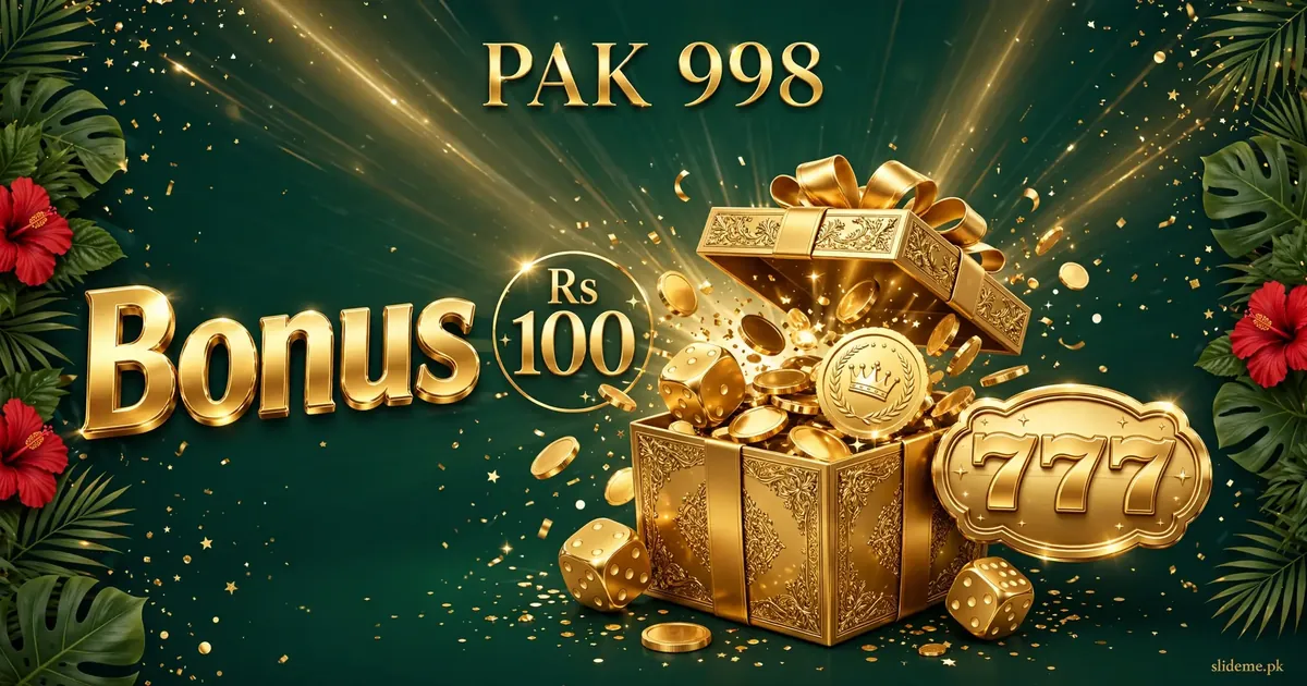 Pak998 Game bonuses banner — gold gift box, crown coin and dice with PAK 998 branding on emerald green