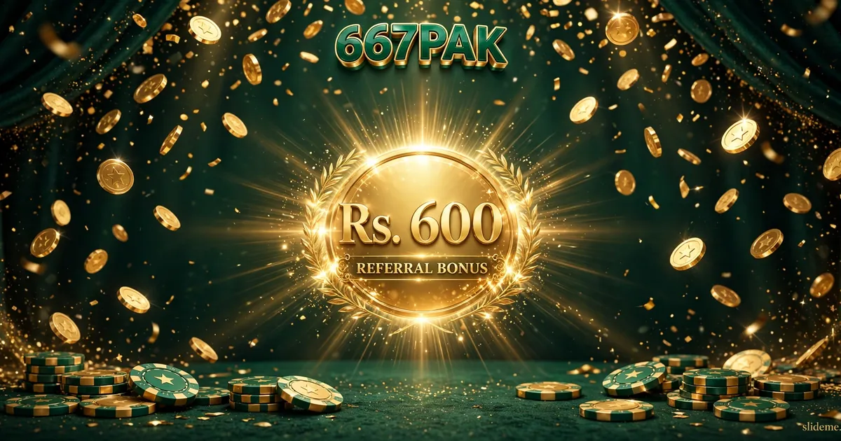 667Pak Game bonuses banner — Rs 600 referral theme with gold coins and gift box in emerald green and gold