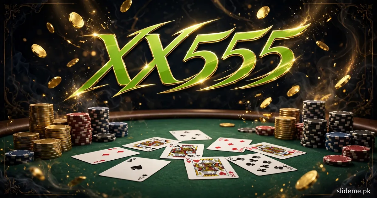 XX555 Game live poker banner — poker table with playing cards, chip stacks and gold coins