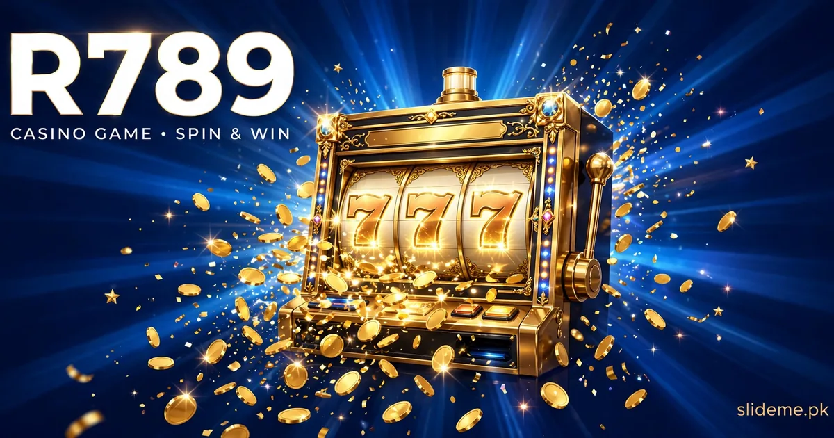 R789 Game slot machine with gold coins banner