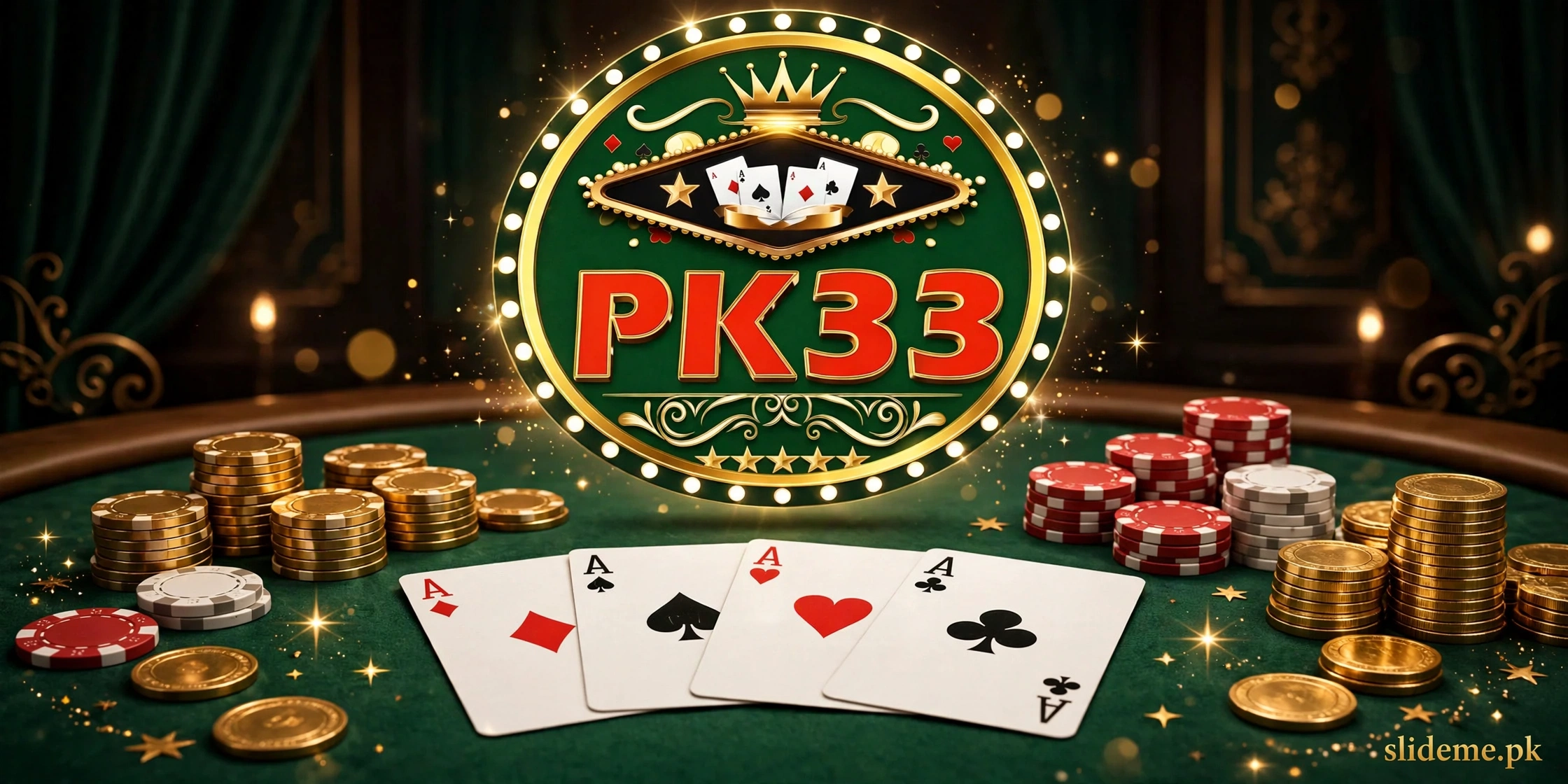 PK33 Game Teen Patti card table — green-gold casino scene with playing cards and gold chips on slideme.pk