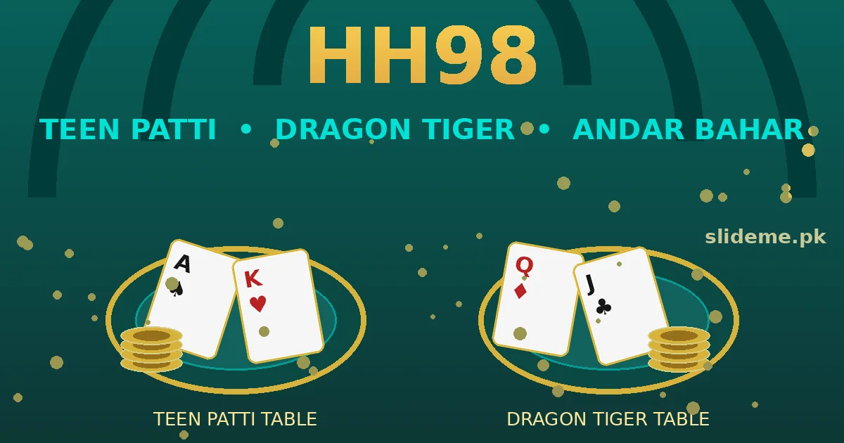 HH98 Game card rooms — teal Teen Patti and Dragon Tiger tables with gold chips