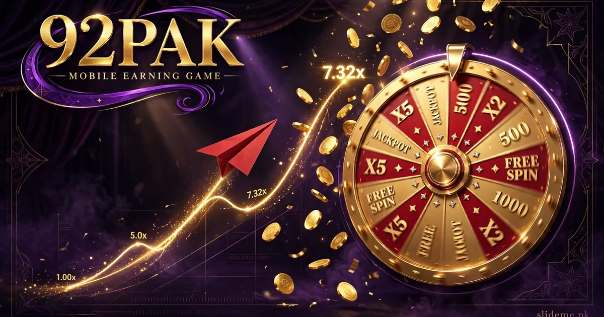 92 Pak Game lucky spin wheel with gold coins and Aviator-style multiplier trail on a dark stage