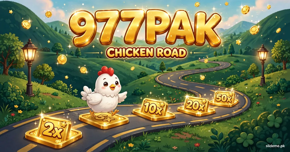 977PAK Chicken Road banner — cartoon chicken crossing a multiplier road under gold 977PAK letters