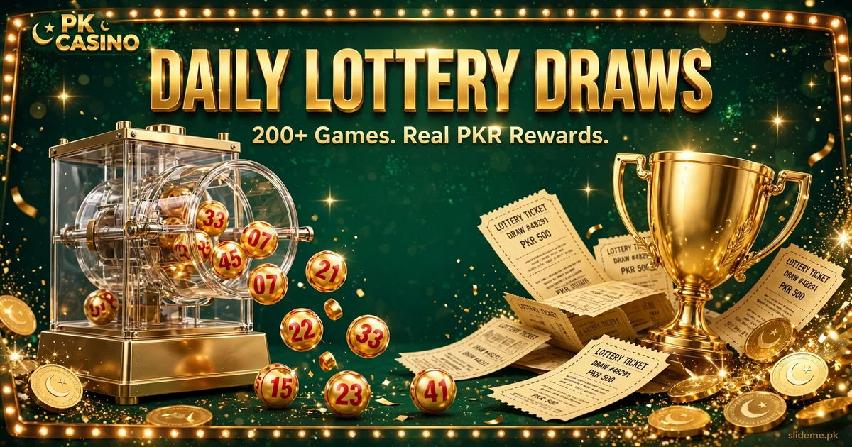 PKCasino daily lottery draws — lottery machine with numbered gold balls and draw tickets