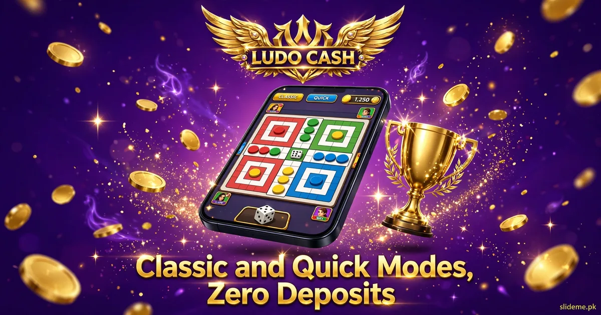 Ludo Cash smartphone gameplay banner — play Classic and Quick Ludo modes for tournament trophies and gold coins