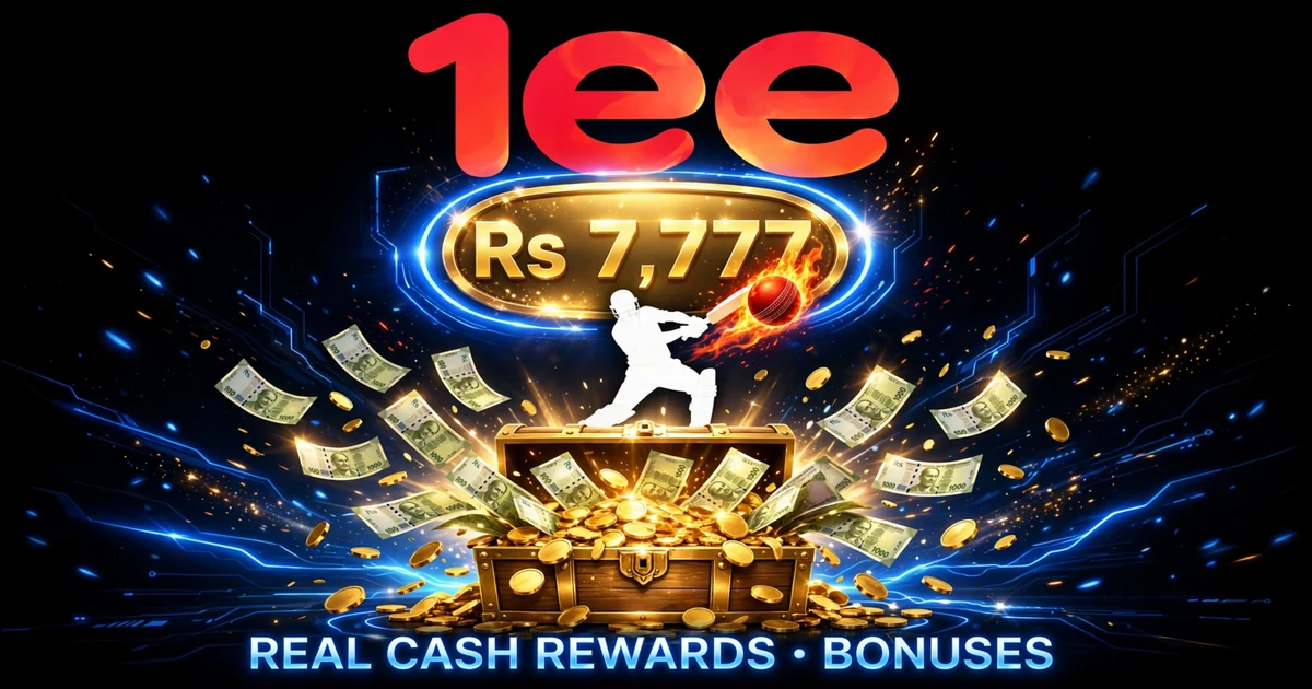 1EE Game real cash rewards — Rs 7,777 treasure chest with batsman silhouette and flaming ball branding