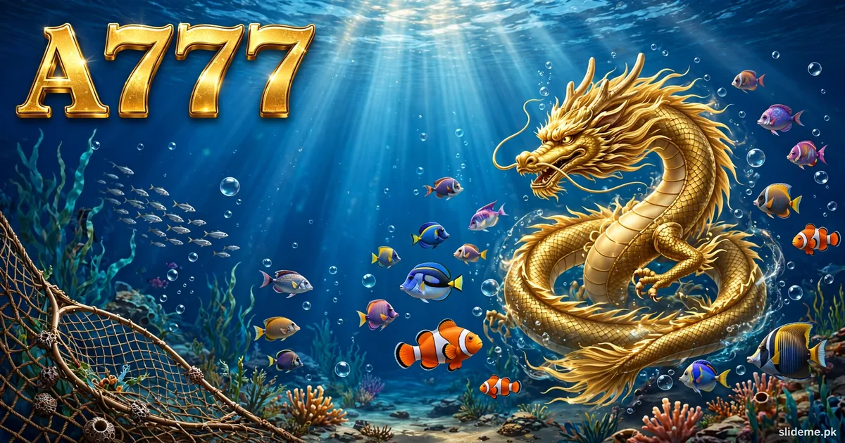 A777 Game fishing games banner with golden dragon and colorful fish underwater