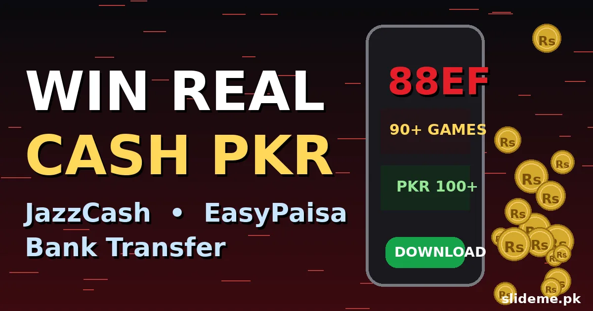 88EF Game win real cash PKR banner with phone mockup, 88EF logo, JazzCash and EasyPaisa payment mentions and gold coins