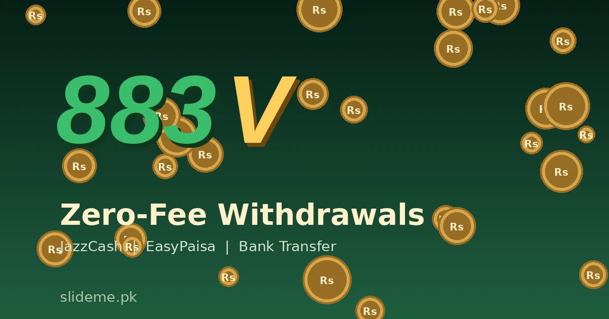 883V Game zero-fee withdrawals banner with gold coins and JazzCash EasyPaisa payout text