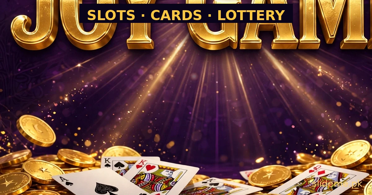 Joy Game slots and cards banner — Teen Patti playing cards and gold coins on purple