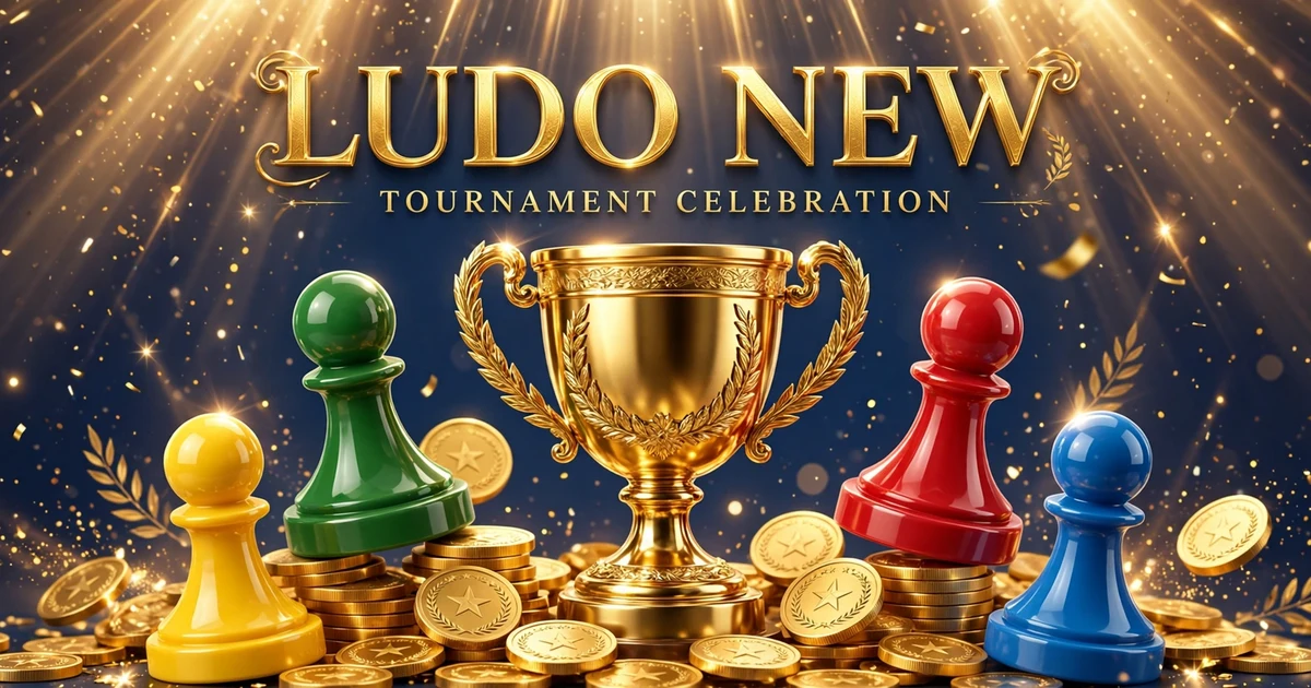 Ludo New Game tournament celebration with golden trophy, Ludo tokens and coins