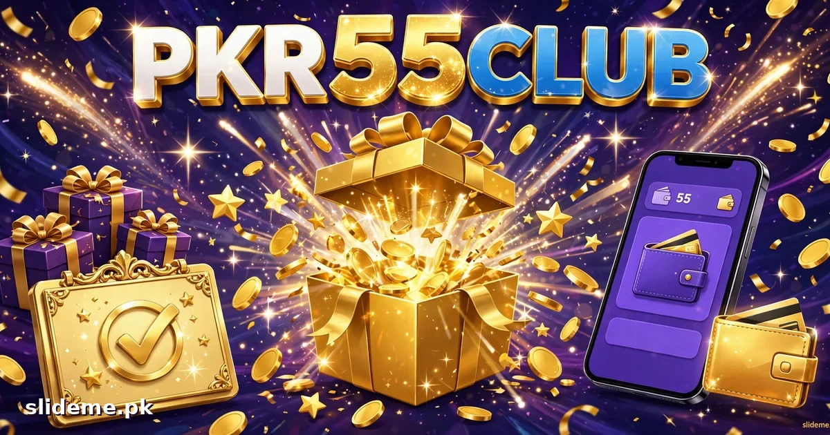 PKR55Club bonuses with daily rewards, gift boxes and a wallet full of gold coins