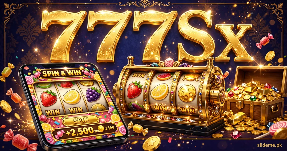 777Sx sweet-themed slot game on a smartphone with treasure chest of gold coins