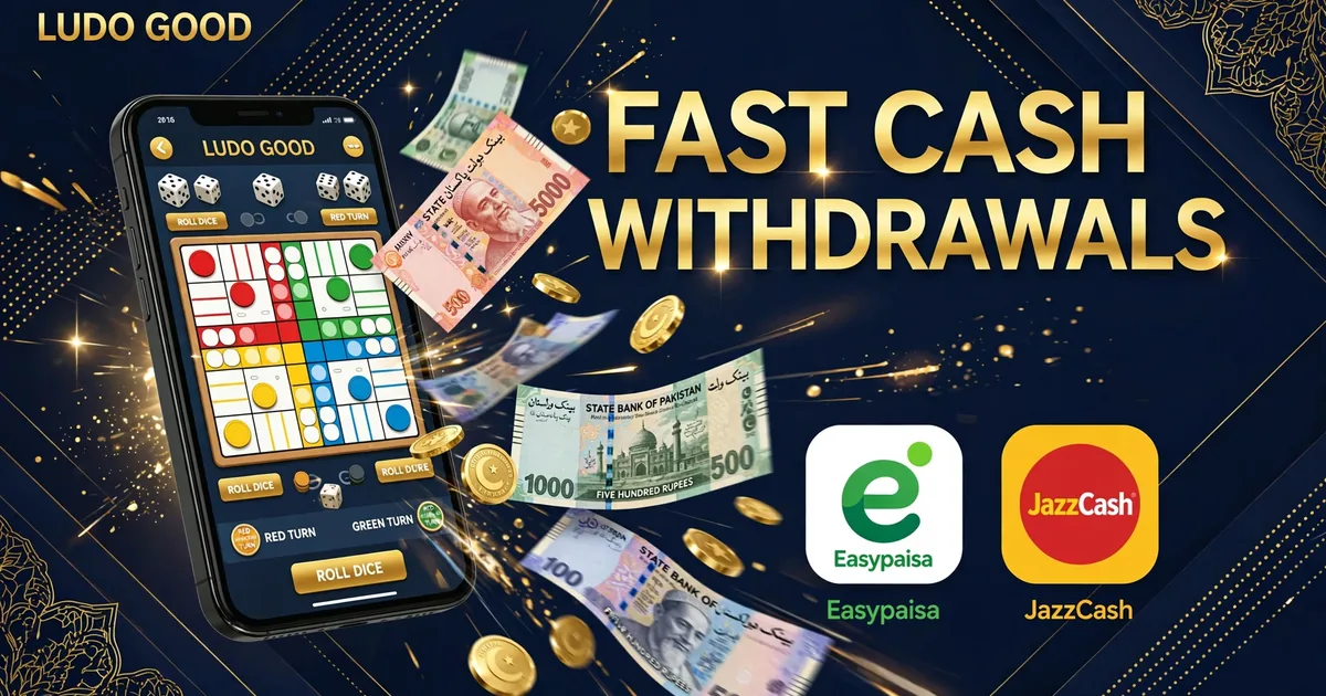 Ludo Good fast cash withdrawals – smartphone with a Ludo game and Pakistani rupee notes