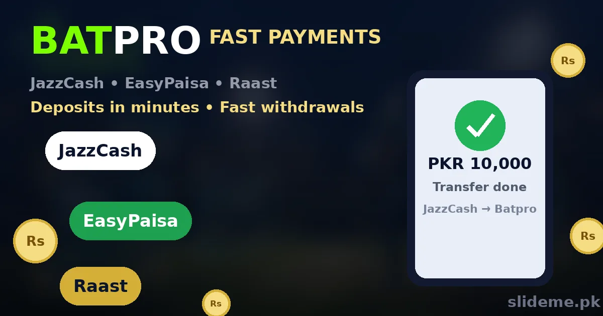 Batpro fast payments banner with mobile wallet transfer and JazzCash EasyPaisa Raast badges