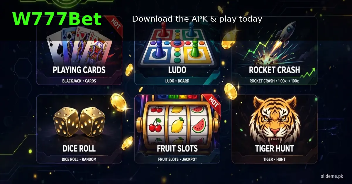 W777Bet download promotion with neon green logo and game tiles