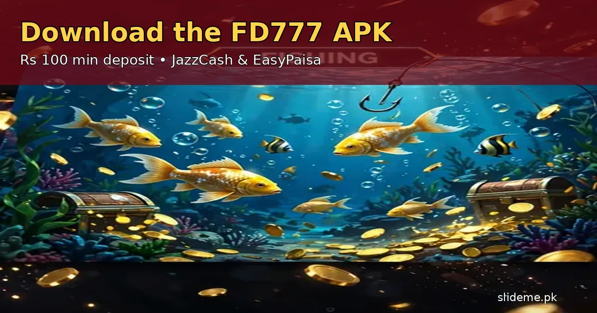 FD777 download promotion with fishing scene and deposit information
