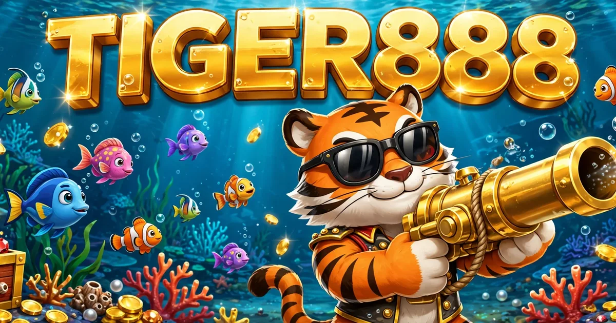 Tiger888 fish shooting game banner with tiger mascot aiming golden cannon