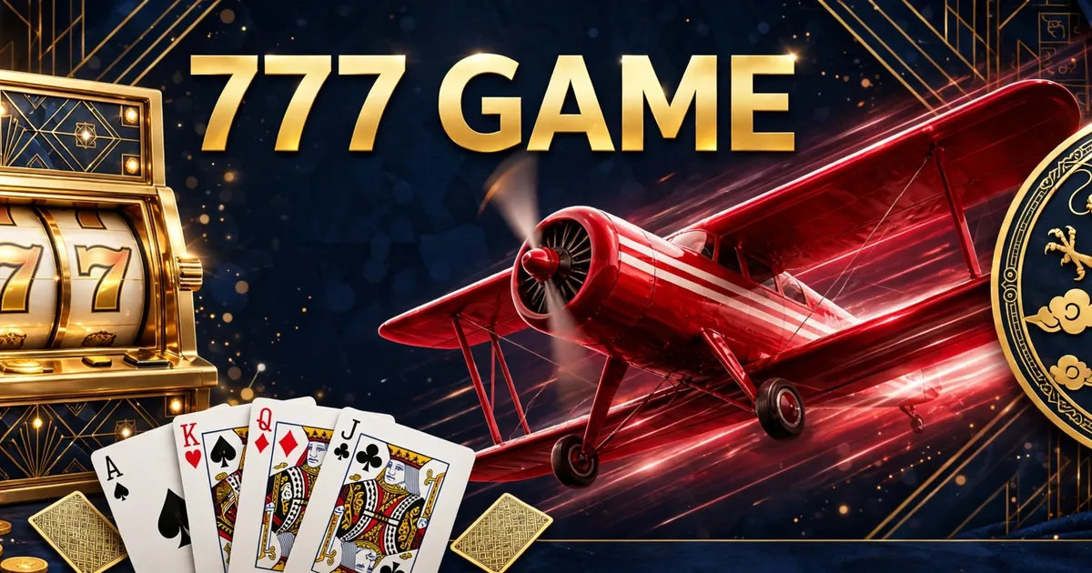 777 Game casino lobby showing golden 777 slot reels, Aviator plane, dragon vs tiger emblem and gold coins
