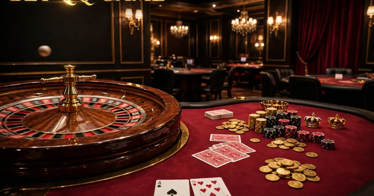 BetQQ Game live casino room with roulette wheel, playing cards and gold crowns