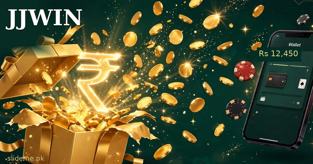 JJWIN bonuses banner with a golden gift box, coins and a mobile wallet