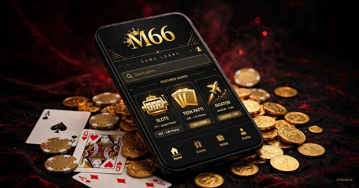 M66 Game app lobby on a smartphone surrounded by gold coins and playing cards