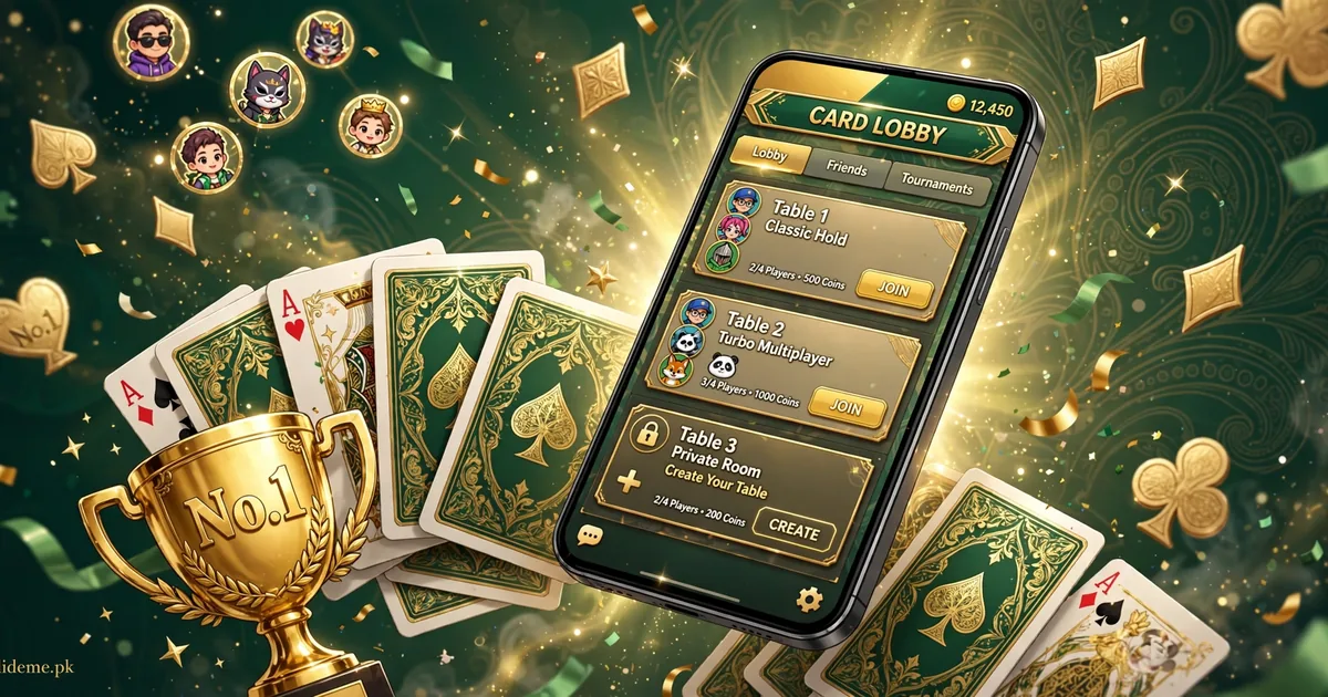Teen Patti No.1 app card lobby on a smartphone with No.1 trophy and playing cards
