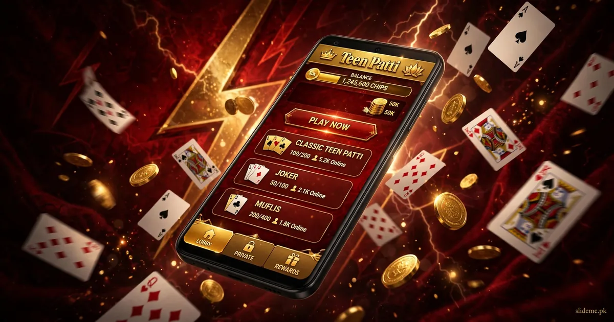 Android phone showing the 3 Patti Fast game lobby with floating cards and gold coins