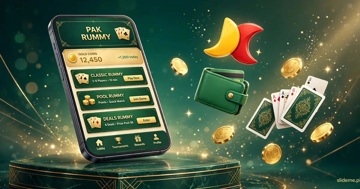 Pak Rummy app lobby on smartphone with JazzCash wallet and coins