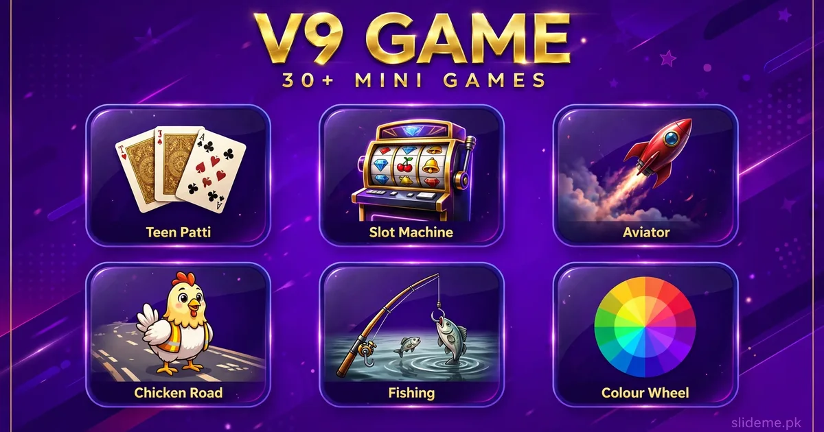V9 Game grid of 30 plus mini games on purple background banner