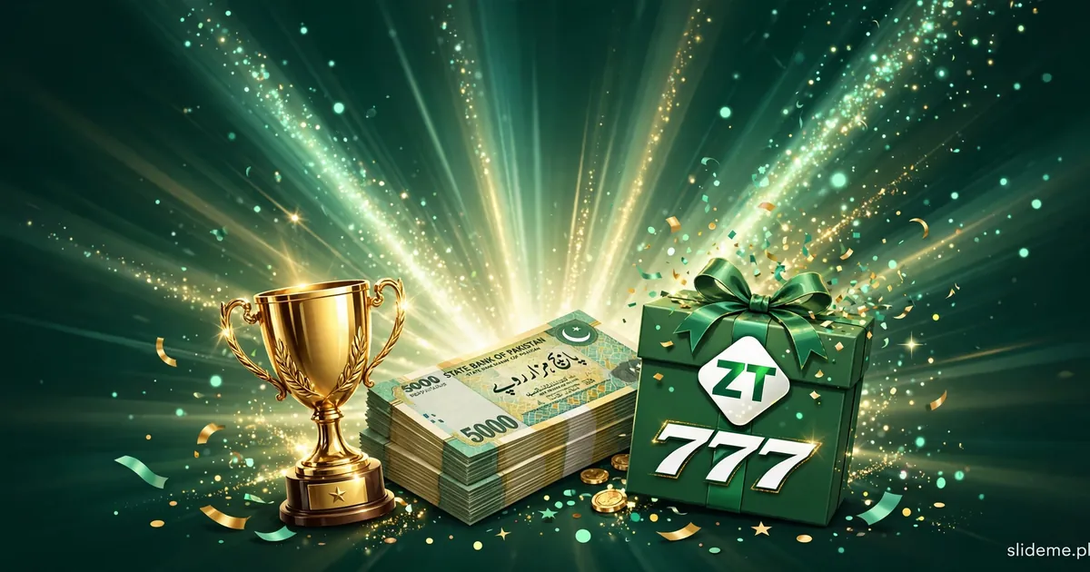 ZT777 Game bonus banner — golden trophy, Pakistani rupee notes and a ZT777 gift box with confetti