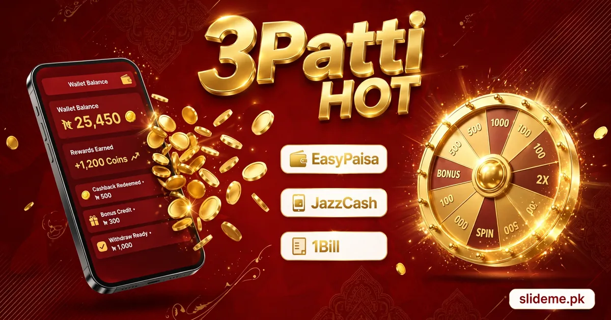 3 Patti Hot wallet and rewards banner with phone wallet, JazzCash EasyPaisa badges and gold spin wheel